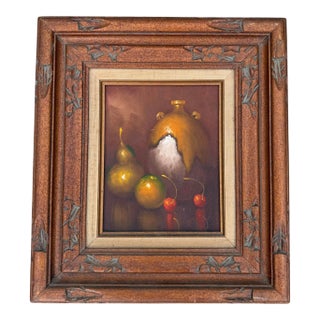 Vintage Mexican Hand-Carved Wood Frame With Signed Original Still Life Oil Painting For Sale