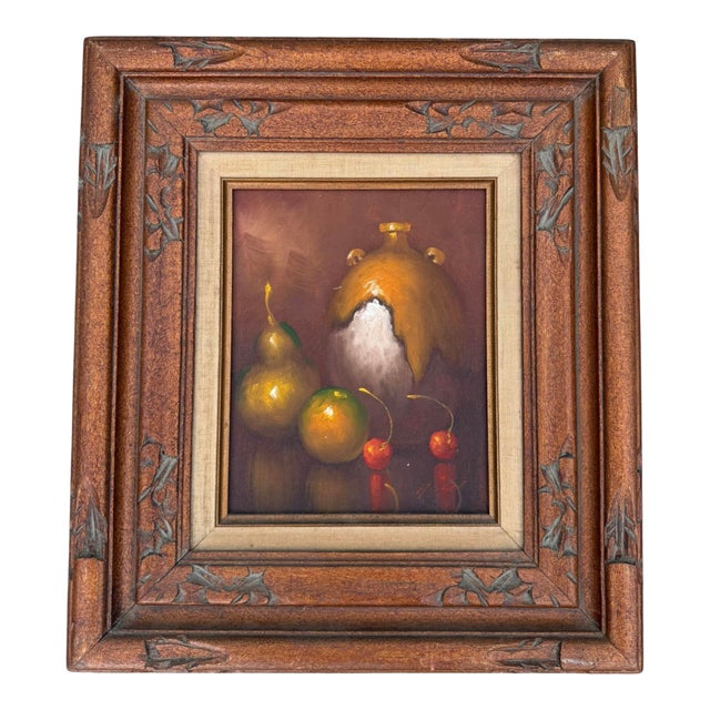 Vintage Mexican Hand-Carved Wood Frame With Signed Original Still Life Oil Painting For Sale