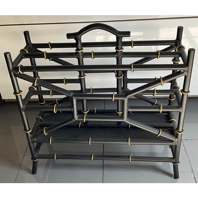 Chinoiserie Painted Black & Gold Steel Faux Bamboo Magazine Rack For Sale - Image 4 of 6