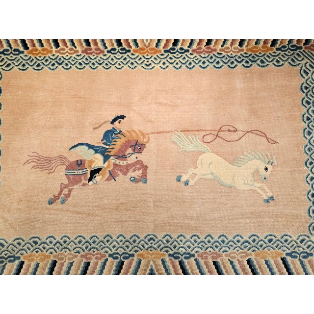 Vintage Chinese Pictorial Area Rug, Handwoven Wool on Cotton, Tan & Blue, 4' x 6' For Sale In Chicago - Image 6 of 13