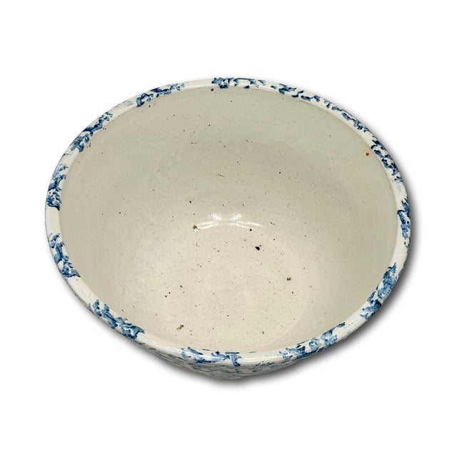 Beautiful Large 12 Inch Size Antique American Blue Spongeware Decorated Stoneware Kitchen Mixing Bowl - 1890s For Sale - Image 16 of 18