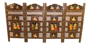 Antique Multi-Colored Hand-Painted Wood Half Screen/ Room Divider
