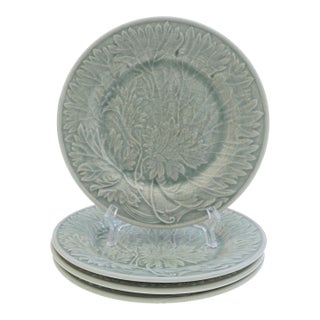 Mid 20th Century French Faience Celadon Vintage Plate Set of 4 Charolles France For Sale