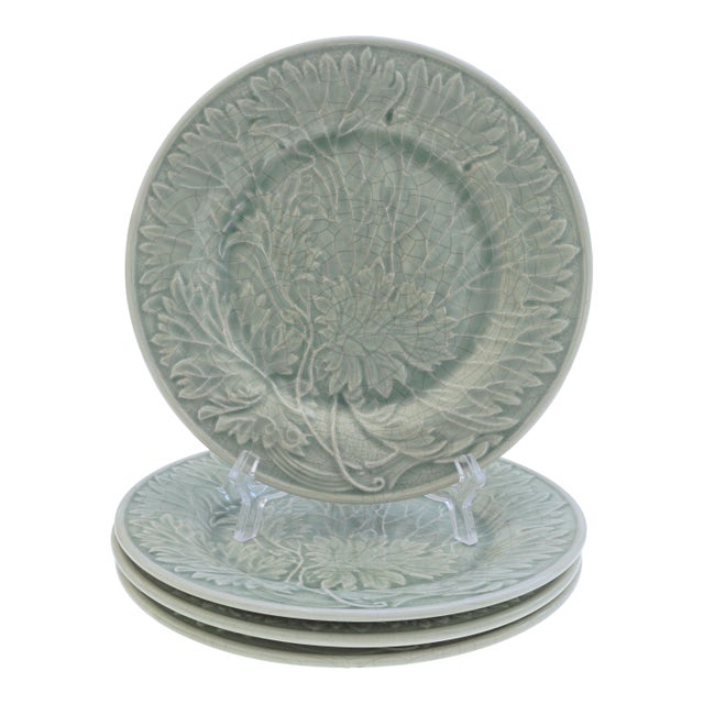 Mid 20th Century French Faience Celadon Vintage Plate Set of 4 Charolles France For Sale
