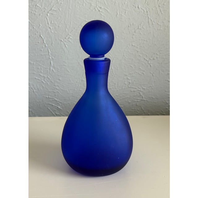 Contemporary Cobalt Blue Frosted Glass Vase & Bottle With Ball Stopper For Sale - Image 3 of 6