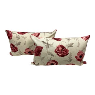 Pair of Large Bolster Pillows Decorated With a Red Poppy Floral Pattern - Made in Uk. For Sale