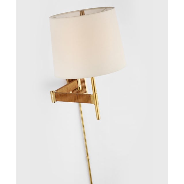 Suzanne Kasler for Visual Comfort Signature Elle Swing Arm Sconce in Hand-Rubbed Antique Brass & Dark Rattan with Linen Shade For Sale In Houston - Image 6 of 7