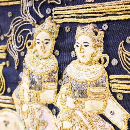 Embroidered Burmese Kalaga Tapestry with Sequins in Golden Frame, 2000s For Sale - Image 6 of 11
