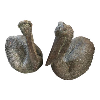 Pair of Vintage Bronze-Finished Terracotta Pelican Garden Statues For Sale