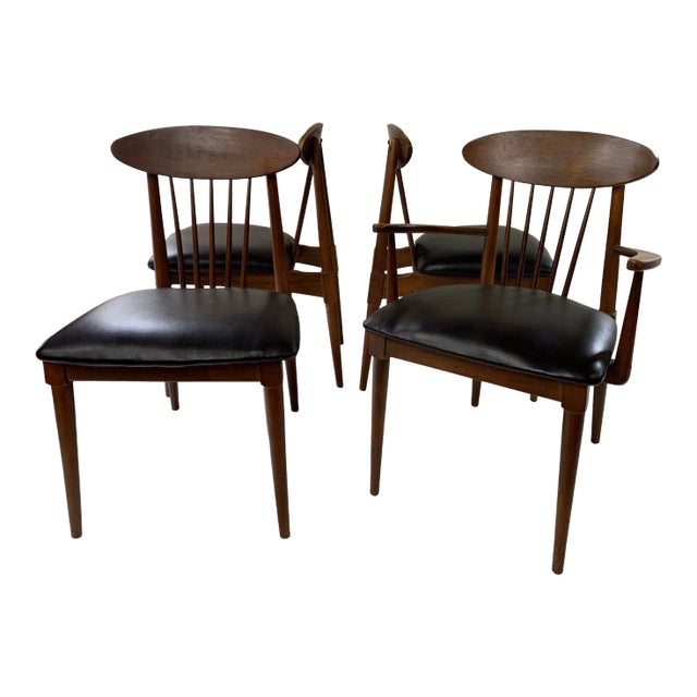 1950s Danish Modern Style Walnut Spindle Back Dining Chairs- Set of 4 For Sale