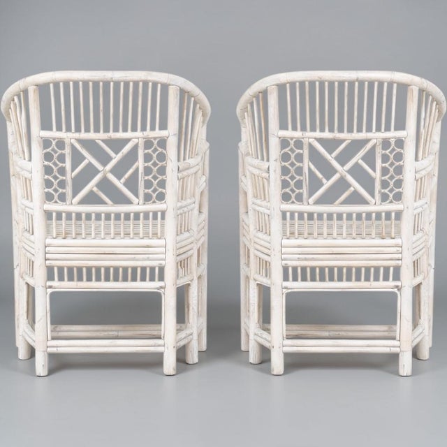 Mid-Century White Washed Chippendale Brighton Style Bamboo Arm Chairs - Pair For Sale - Image 4 of 6