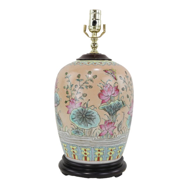 Vintage Chinese Porcelain Table Lamp With Lotus and Butterfly Design For Sale