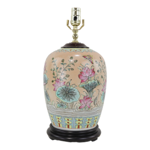 Vintage Chinese Porcelain Table Lamp With Lotus and Butterfly Design