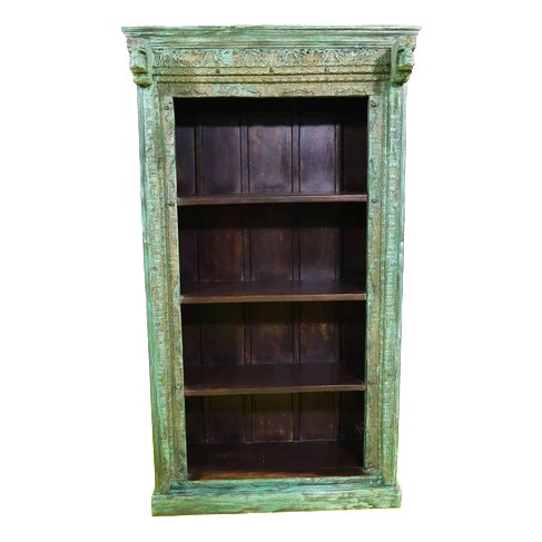 Indian Carved Wood Bookshelf with Green Patina For Sale