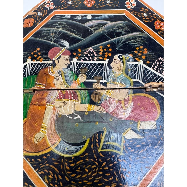 Vintage Indian Mughal Style Hand Painted Octagonal Dowry Box For Sale - Image 10 of 15