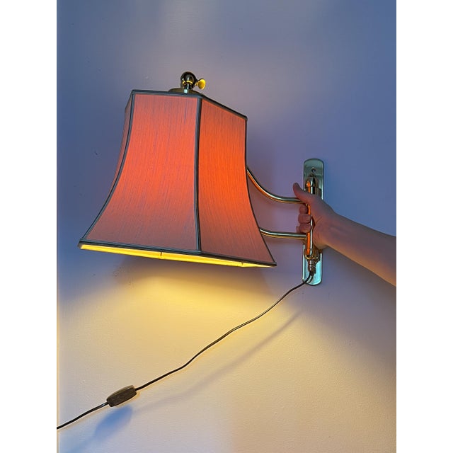 Mid-Century Brass Wall Light with Adjustable Swing Arm and Off-White Lampshade For Sale - Image 5 of 13