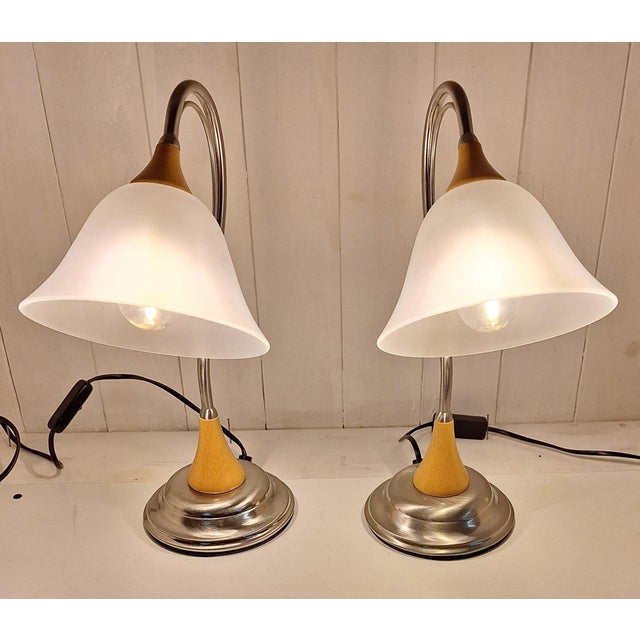 1990s Vintage Table Lamps in Metal Frame with Beechwood and White Glass Shade, 1990s, Set of 2 For Sale - Image 5 of 7