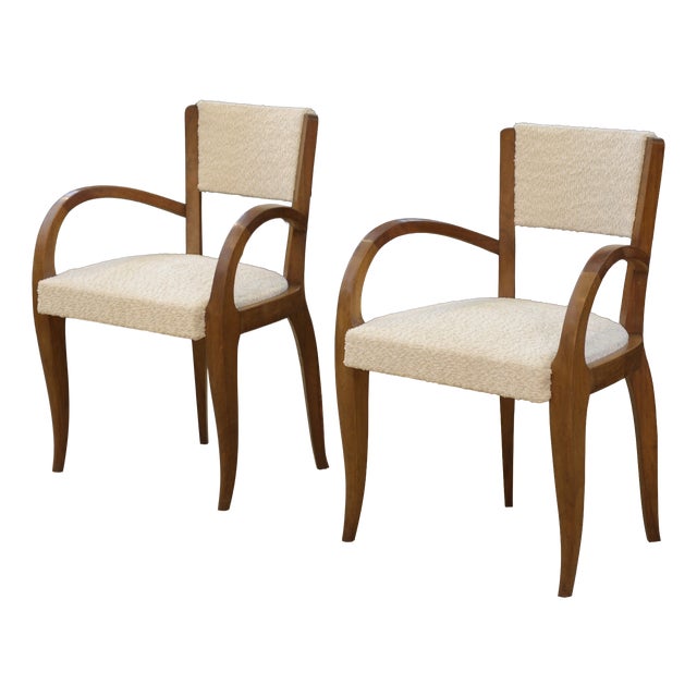 Bridge Chairs in Walnut and Ecru Boucle Fabric, 1930s, Set of 2 For Sale