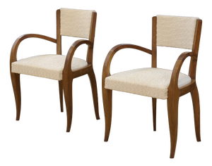Bridge Chairs in Walnut and Ecru Boucle Fabric, 1930s, Set of 2