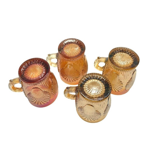 1910s Dugan Diamond Beaded Shell Carnival Marigold Glass Mugs W/ Handles - Set of 4 For Sale In Baton Rouge - Image 6 of 7