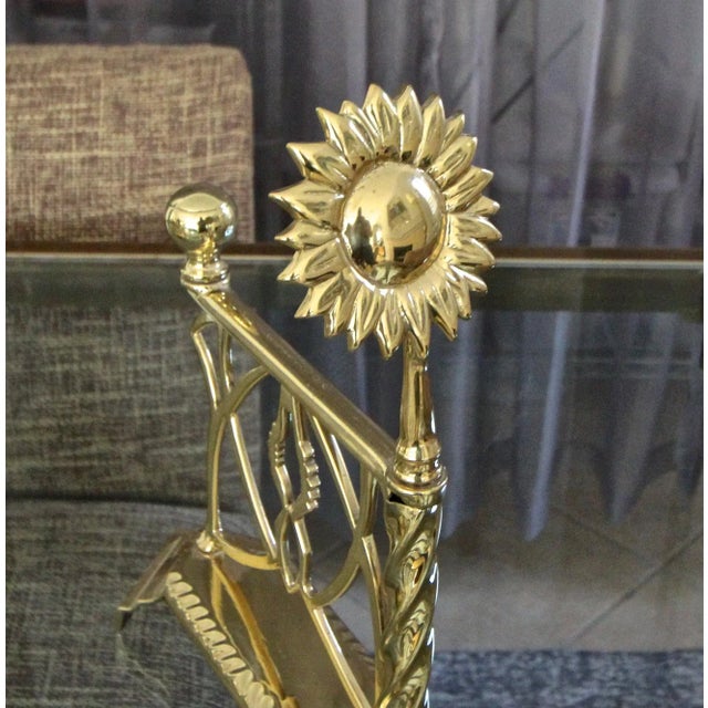 Late 20th Century Aesthetic English Sunflower Brass Fireplace Andiron Set - 5 Pieces For Sale - Image 10 of 13
