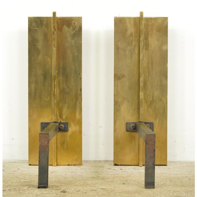 Metal Pair of Mid Century Modernist Polished Brass Fireplace Andirons For Sale - Image 7 of 9