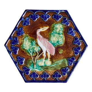 French Trivet in Polychrome Barbotine with Pink Bird, 1860 For Sale