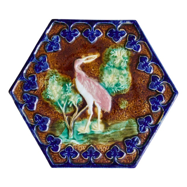 French Trivet in Polychrome Barbotine with Pink Bird, 1860 For Sale