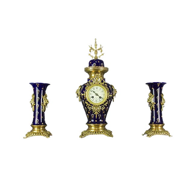 Royal Blue Mantle Clock Set from Boch Frères Keramis, 1920s, Set of 3 For Sale