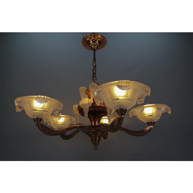 Metal Art Deco French Frosted Glass, Brass, and Copper Chandelier, 1930s For Sale - Image 7 of 18