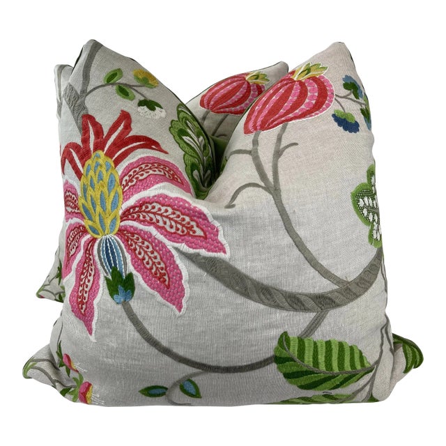 Pink Floral Embroidered 22” Pillows-A Pair For Sale