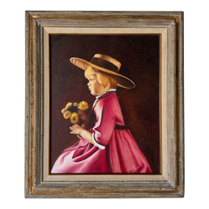 1970s Vintage Portrait of a Girl With Flowers Oil on Canvas Painting