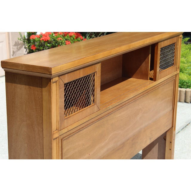 Mid-Century Modern Full Size Bar Headboard – 1970s Vintage Wood Frame With Storage & Brass Grille Panels For Sale - Image 14 of 17