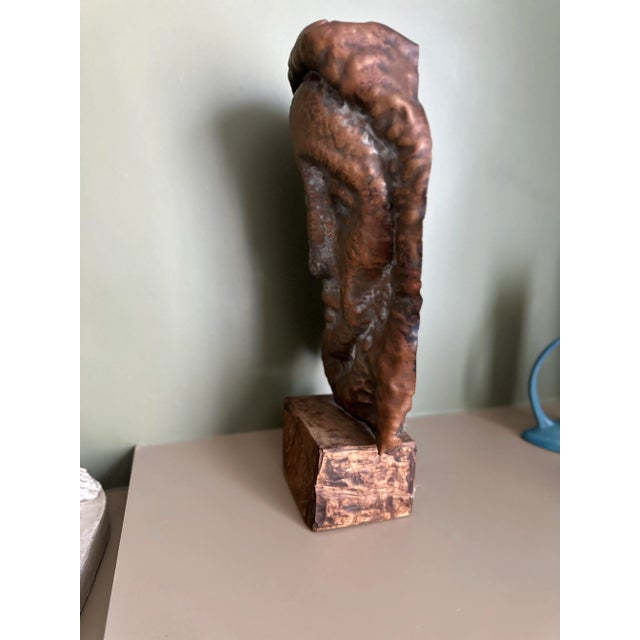 Early 21st Century Waylande Gregory Large Hammered Copper Face Sculpture Bust on Wood Block. For Sale - Image 5 of 10