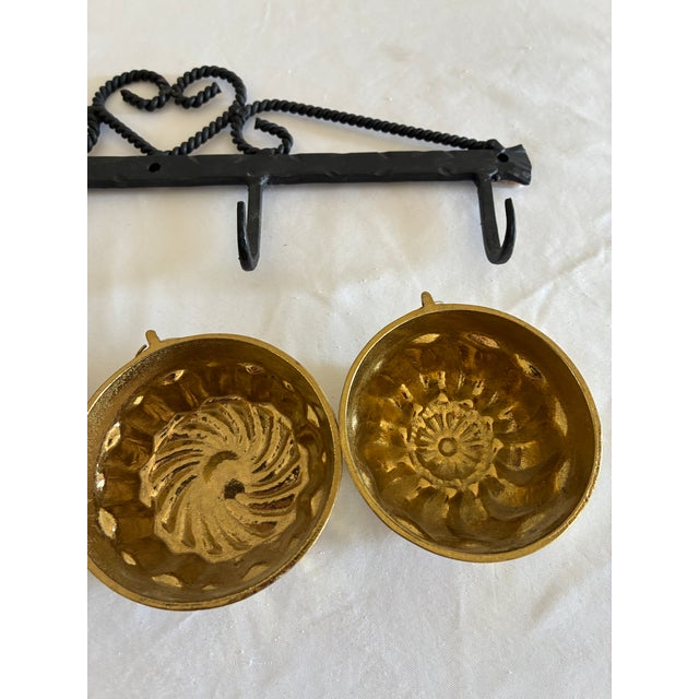 Brass Vintage Wrought Iron Heart Rack With 4 Brass Jelly Molds For Sale - Image 8 of 10