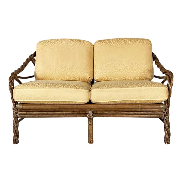 Mid-Century Modern American Rattan and Beige Floreal Fabric Sofa attributed to McGuire, 1970s For Sale