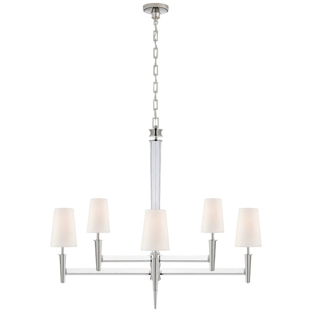 Thomas O'Brien for Visual Comfort Signature Lyra Two Tier Chandelier in Polished Nickel & Crystal with Linen Shades For Sale
