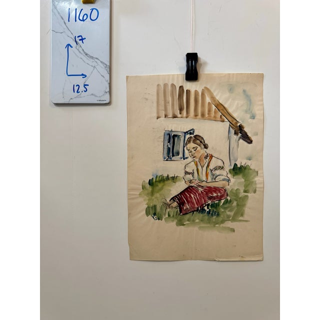 Paper Henry Emil Salloch Original Watercolor on Paper Woman in Traditional Folk Dress, 1936. For Sale - Image 7 of 7