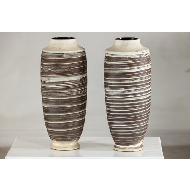 Late 20th Century Artisan Tall Ceramic Vase with Horizontal Striated Glaze, Sold Individually For Sale - Image 17 of 18