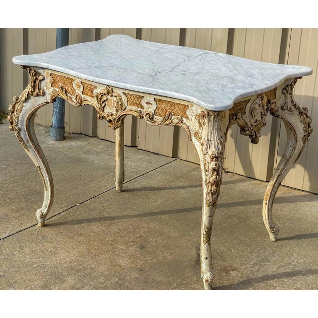 Early 19th-C. French Louis XIV Style Carved and Painted Giltwood Marble Top Center or Side Table For Sale In Atlanta - Image 6 of 6