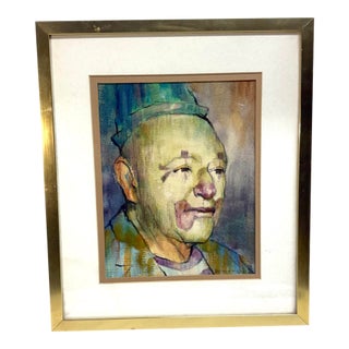 Original Signed Vintage Cortland Butterfield Clown Portrait Watercolor Painting For Sale