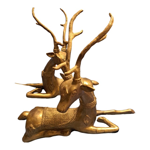 Hollywood Regency 2 Brass Ornate Large Deer Statues Figurines For Sale