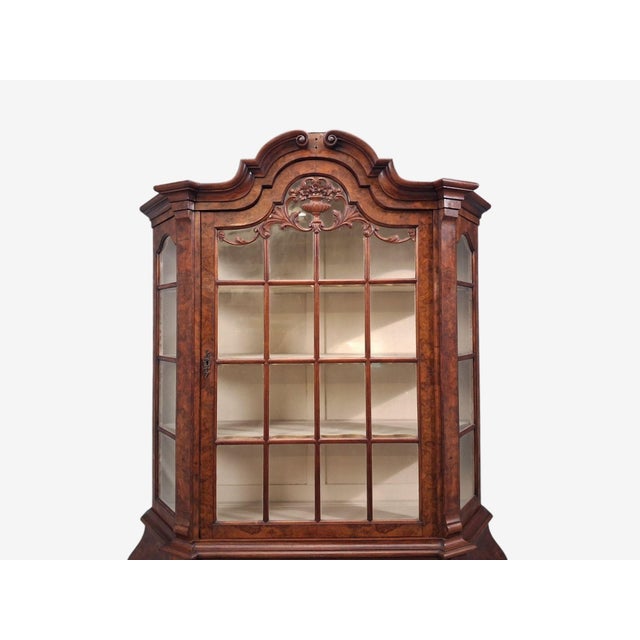 Burnt Umber Dutch Baroque Style, Large Bombe Bookcase, Burr Walnut, Glass, England, 1940s For Sale - Image 8 of 15