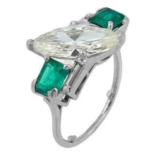 1950s Mid Century Gia 1.98 Marquise Cut Diamond Emerald Platinum Ring, Size 4 For Sale