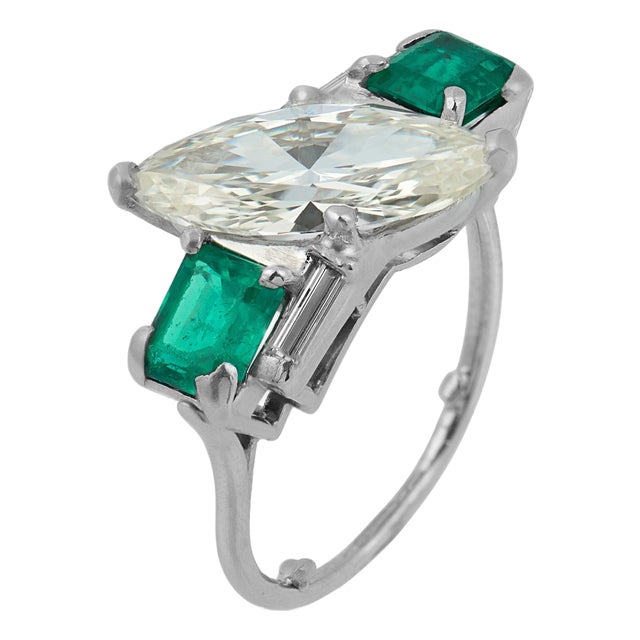 1950s Mid Century Gia 1.98 Marquise Cut Diamond Emerald Platinum Ring, Size 4 For Sale