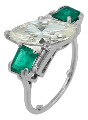 1950s Mid Century Gia 1.98 Marquise Cut Diamond Emerald Platinum Ring, Size 4