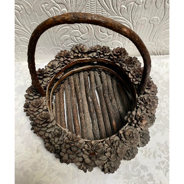 Rustic Adirondack Arts and Crafts Hand Made Pine Cone Basket For Sale - Image 3 of 10