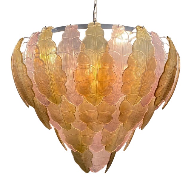 Italian Art Deco Gold and Pink Murano Glass Chandelier, 2000s For Sale