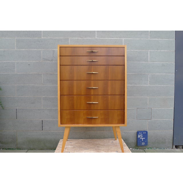 Mid-Century Chest of Drawers in Walnut and Maple with Brass Handles, 1950s For Sale - Image 16 of 17