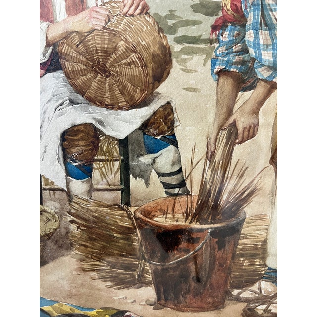 Cream Antique European Pastoral Watercolor Signed by Italian Artist F. Ballesio | Basket Weavers Scene | Large Decorative Original Frame For Sale - Image 8 of 8